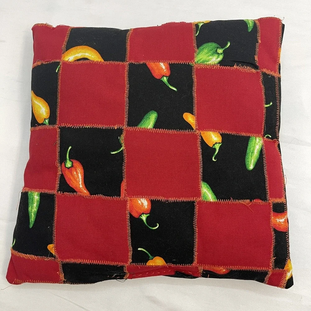Handmade Pieced Pillow Black with Multicolor Peppers‎ 12